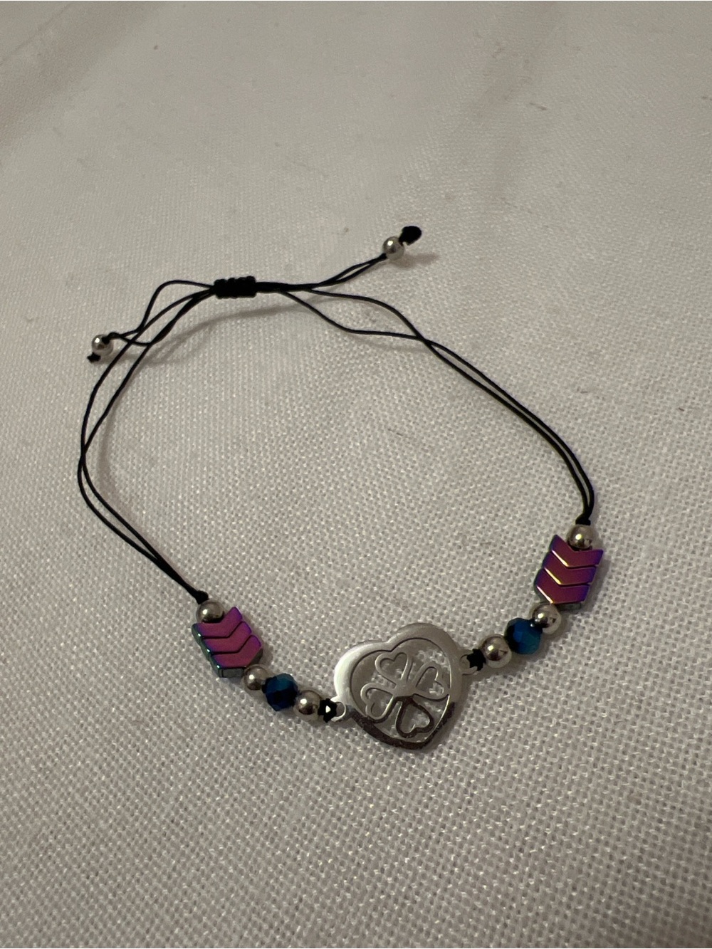 Adjustable Clover Charm Bracelet Iridescent Beaded Cord Bracelet